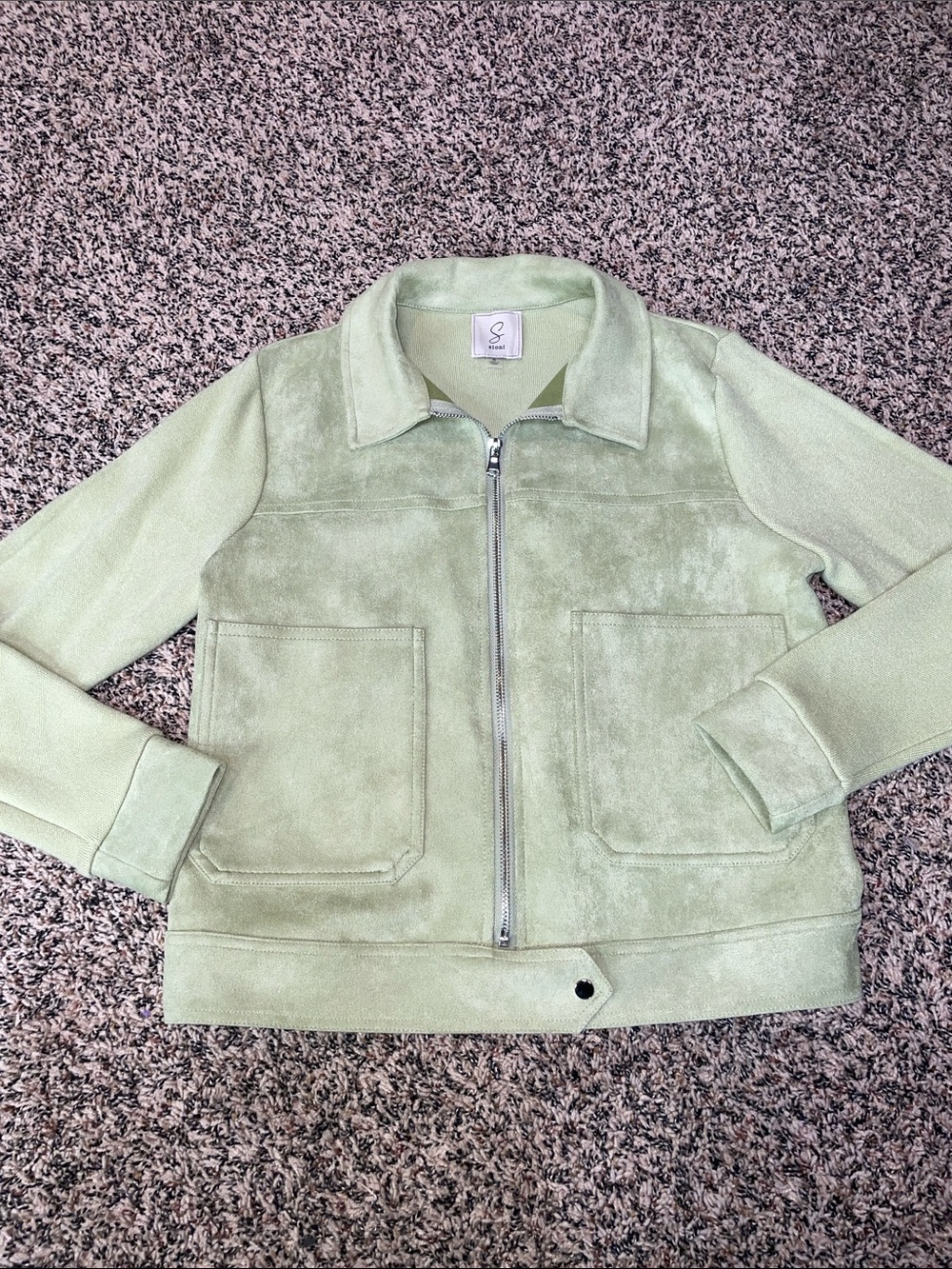 Sioni Faux Suede Knit Zip Front Jacket Sage Green S NWOT